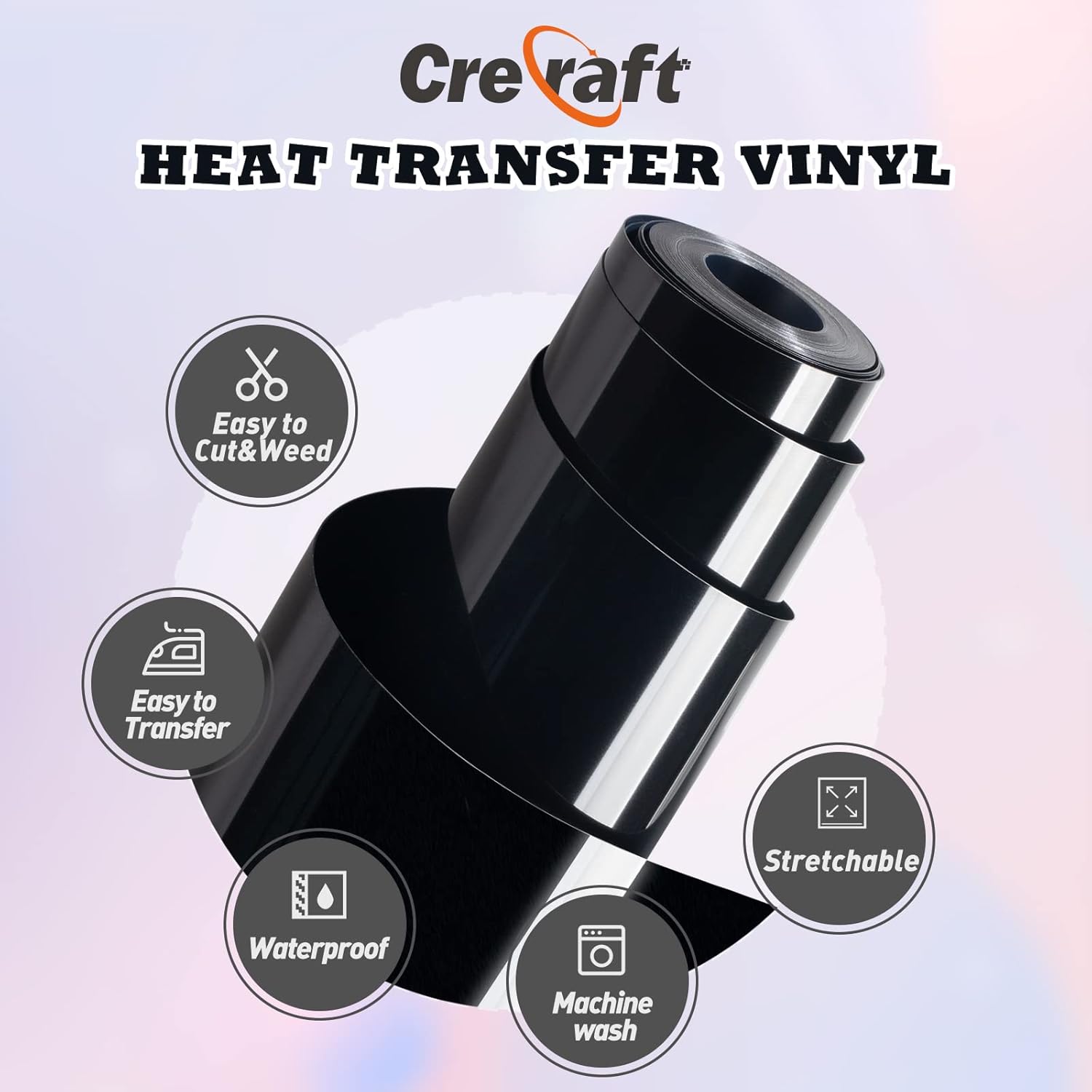 CRECRAFT Rollo de vinilo HTV de transferencia de calor, vinilo HTV de 12 pulgadas x 15 pies para camisas, vinilo perfecto para Cricut, fácil de
