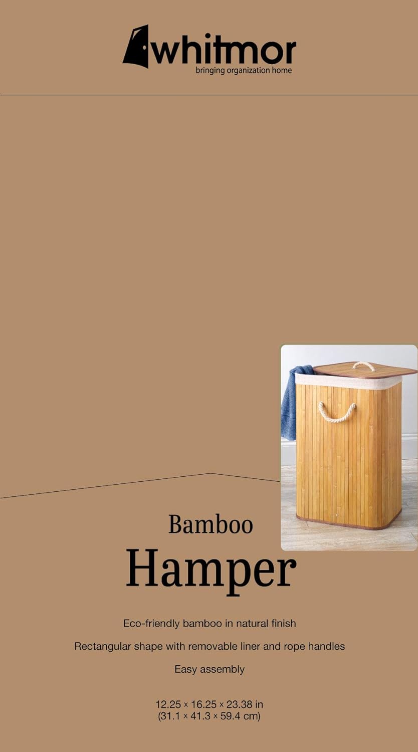 Whitmor Cesta de lavandería con asas de cuerda, bambú natural, 12.25×16.25×23.375