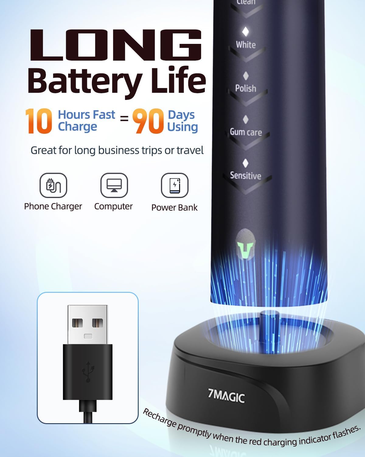 Cepillo de dientes eléctrico para adultos, cepillo de dientes eléctrico sónico con 3 niveles de intensidad y 5 modos, una carga durante 90 días,