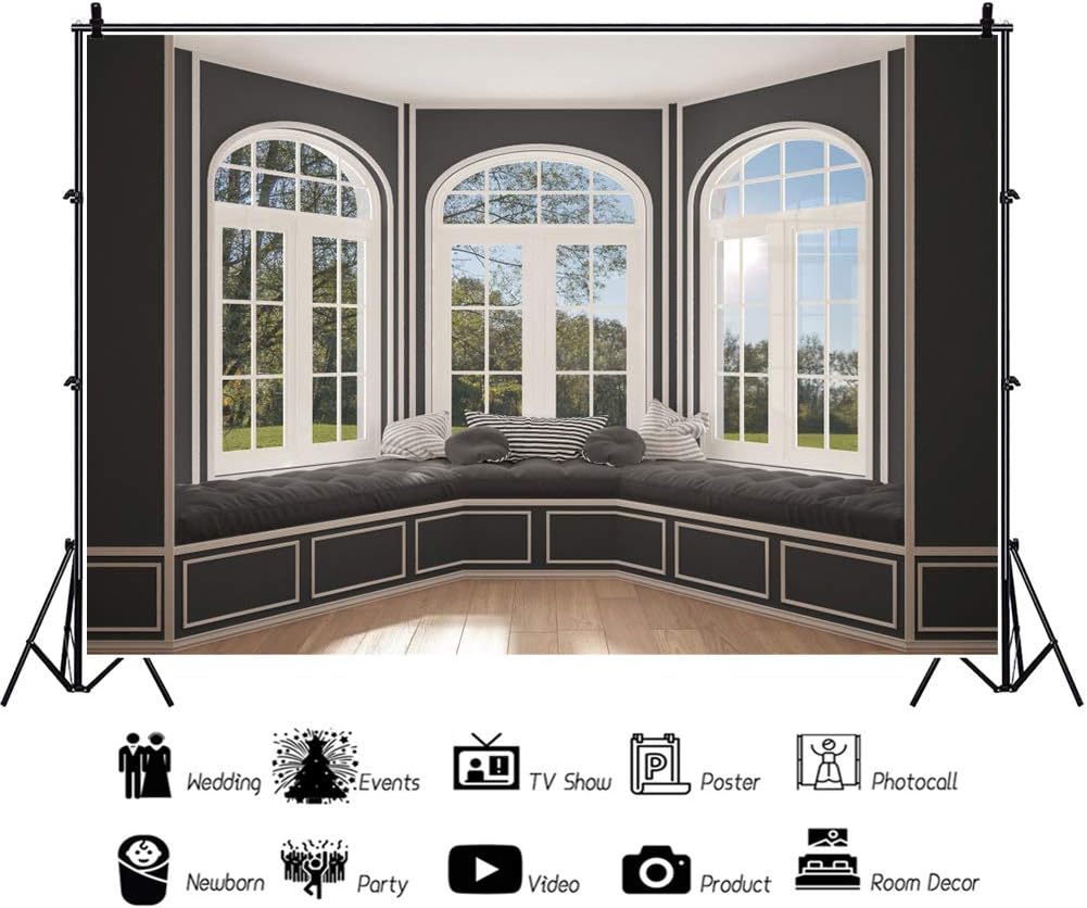 Baocicco 7 x 5 pies Interior habitación balcón fotografía fondo ceremonia boda pared negra ventana de bahía caja moderna villa sala de estar foto