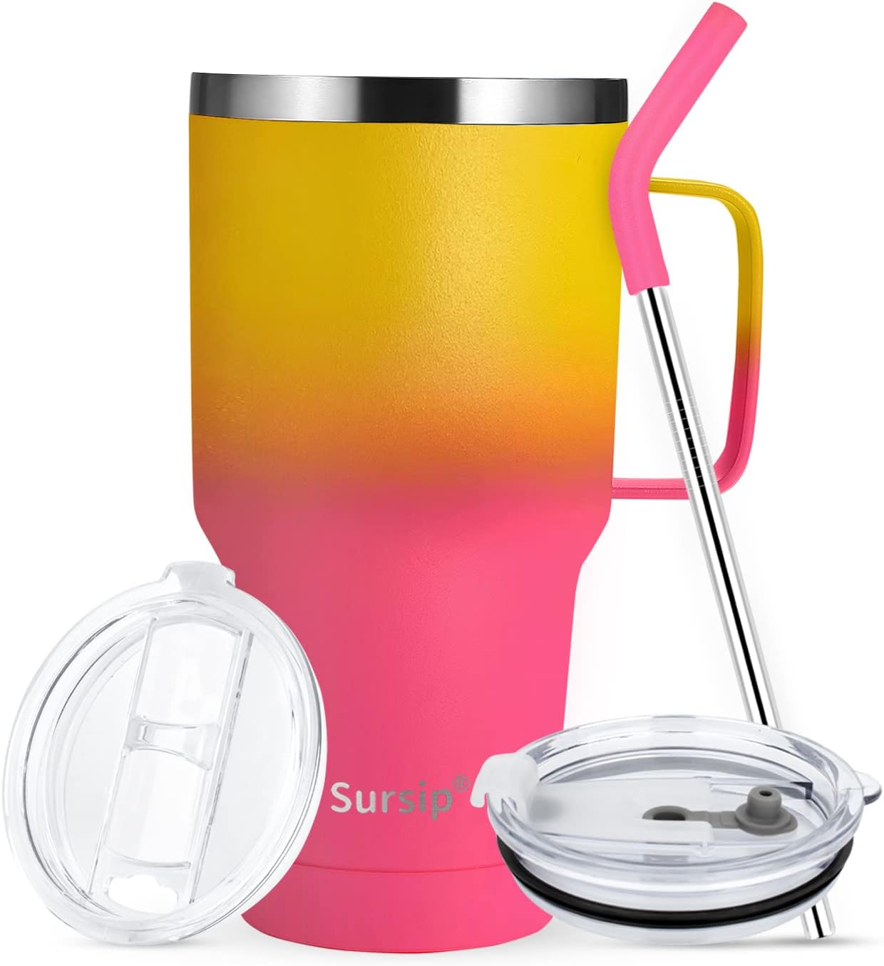 Sursip Taza aislada de 30 onzas con tapa y popote, vaso de acero inoxidable al vacío, mantiene el frío y el calor, sin BPA, a prueba de fugas, apto