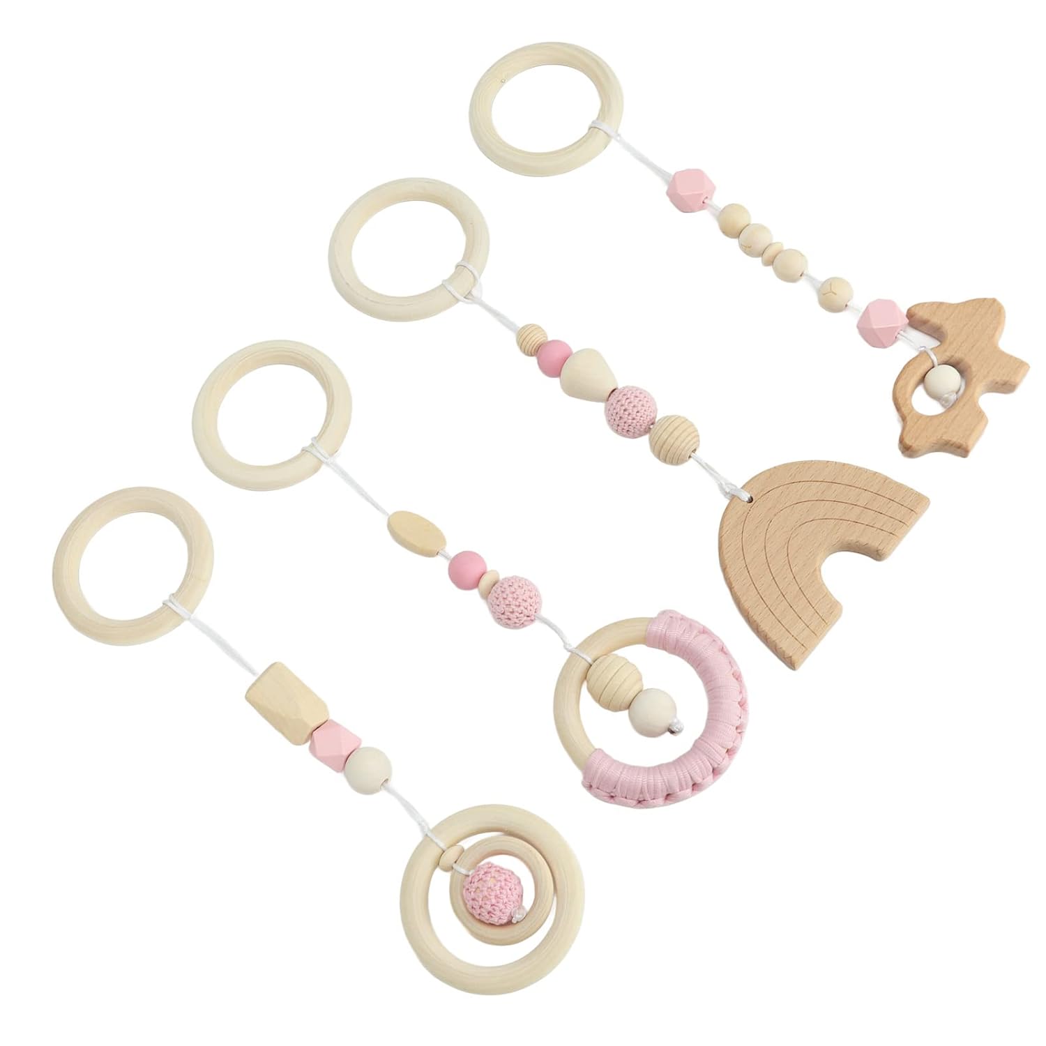 Juguetes colgantes de madera, haya, 4 piezas de cochecito, juguetes colgantes para bebé, gimnasio, juguetes colgantes de madera para niños pequeños