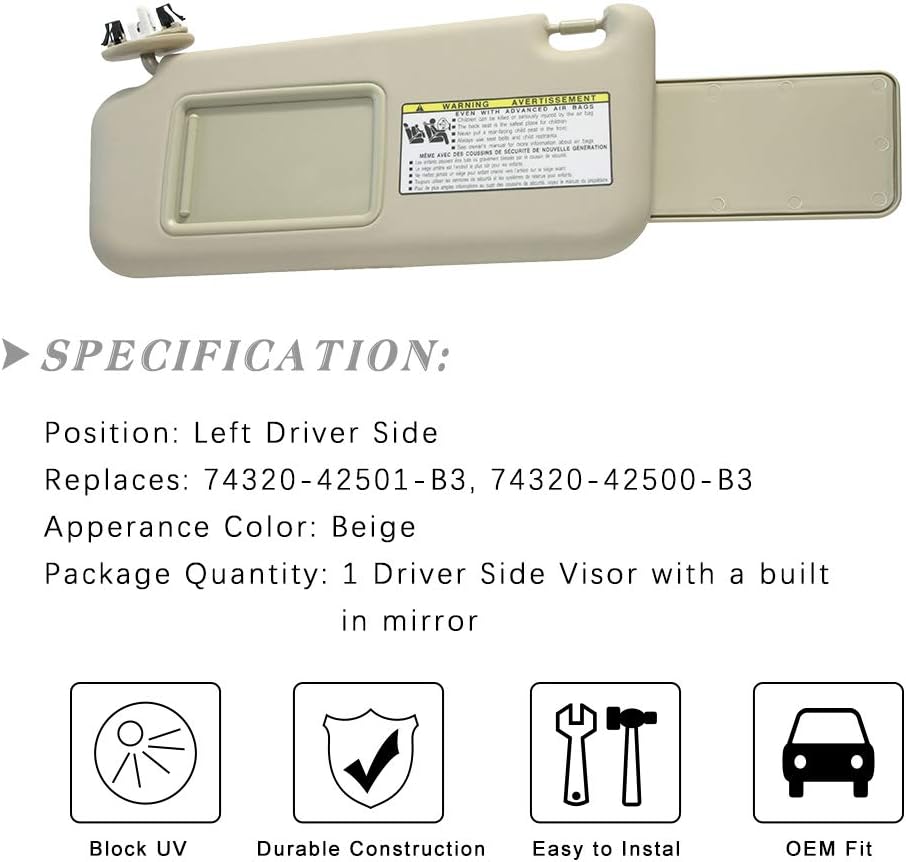 Reemplazo de visera solar para el lado del conductor izquierdo para Toyota RAV4 06-13 con techo corredizo 2006 2007 2008 2009 2010 2011 2012 2013
