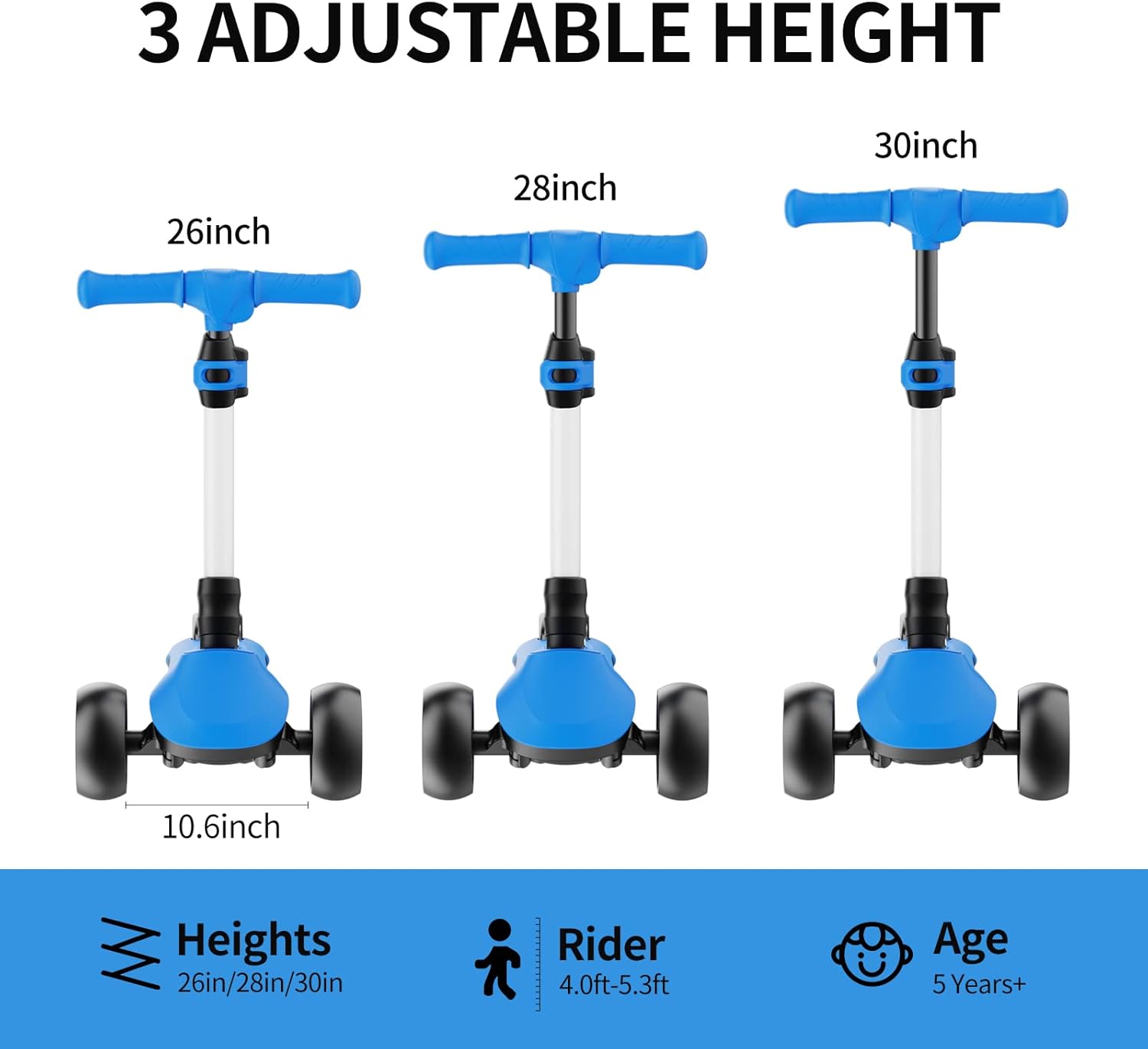 Scooter para niños, 3 alturas ajustables, mango en forma de C, diseño de dirección inclinada, scooter de 3 ruedas para niños de 3 a 12 años, los