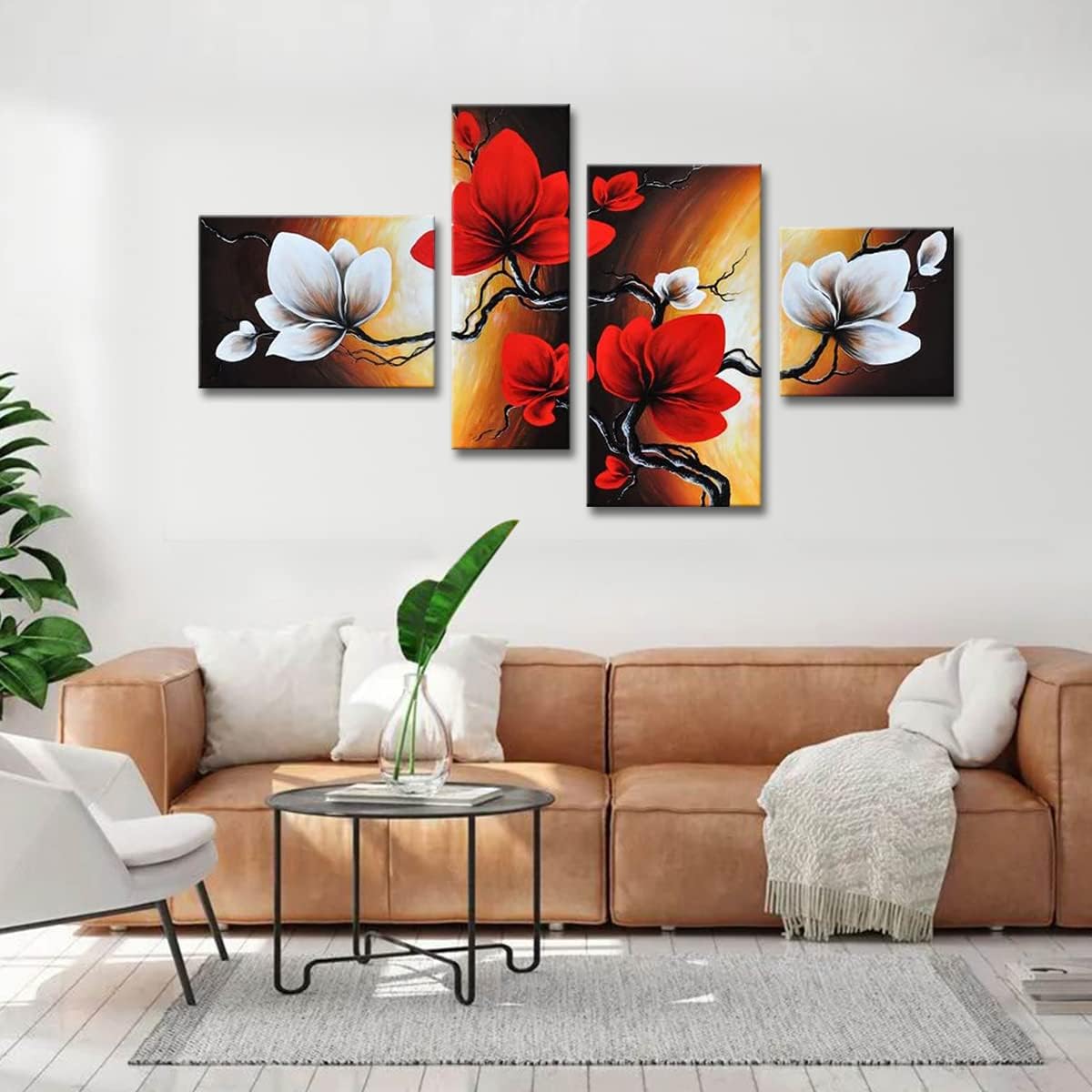 Noah Art – Lienzo pintado a mano con flores, flores de primavera y tulipán, pinturas modernas de flores, 4 paneles estirados de flores rojas,