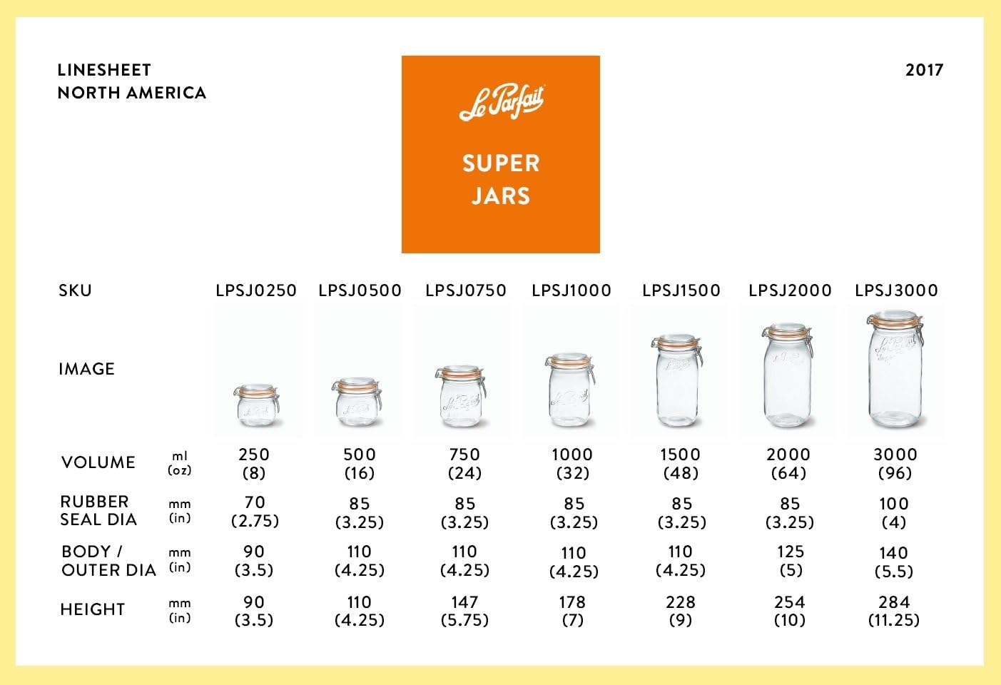 Le Parfait Super Jars Tarros de vidrio para conservas estilo francés, de boca ancha, con cuerpo redondeado, tapas de vidrio y sellos de hule