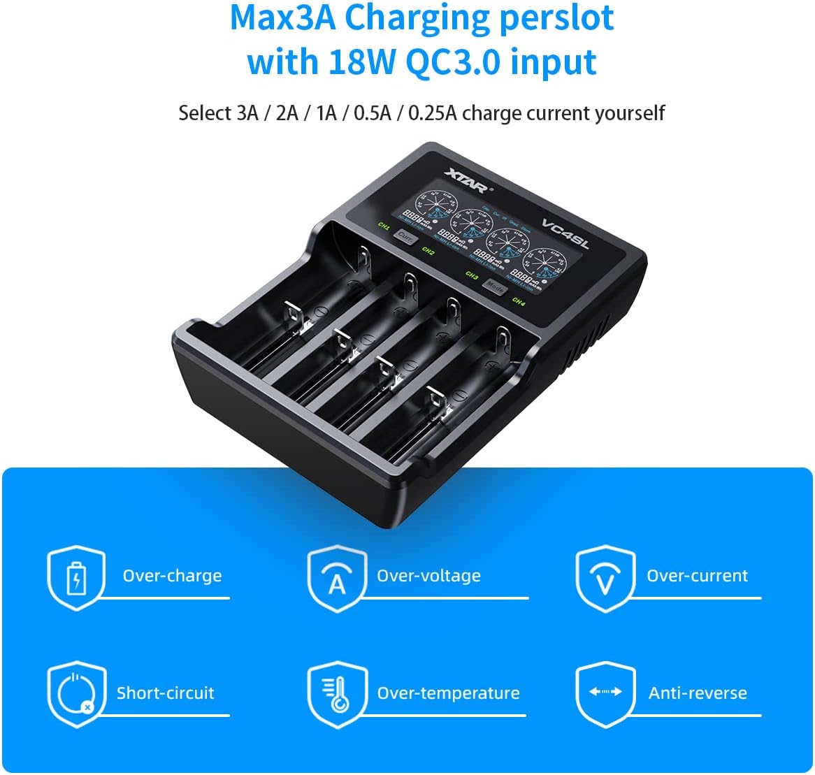 XTAR VC4SL versión de actualización VC4S Cargador de batería recargable inteligente tipo C 4 bahías Cargador rápido 18650 con LCD para batería de