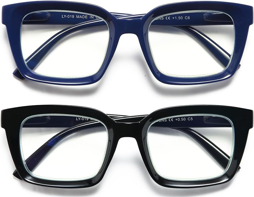 2 pares de anteojos de lectura de gran tamaño para mujeres y hombres, lentes de lectura cuadrados con bloqueo de luz azul grande para mujeres con