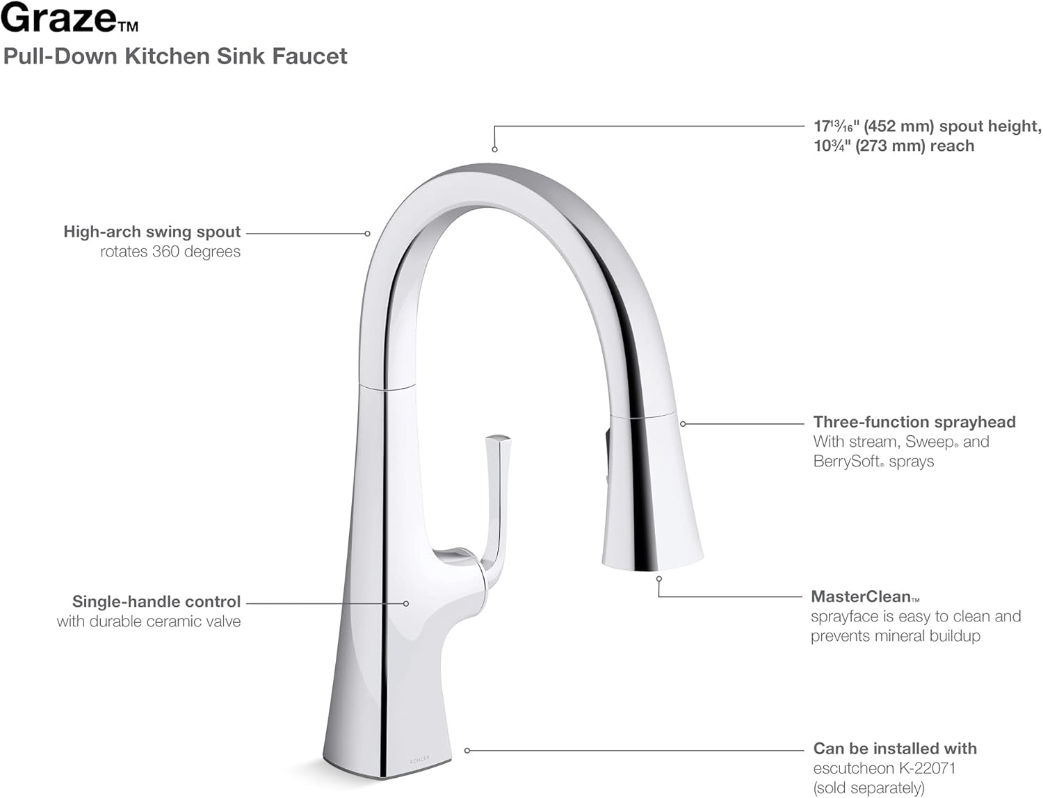 Kohler Graze – Grifo de cocina extraíble, grifo de fregadero de cocina con rociador extraíble, cromo pulido, K-22062-CP