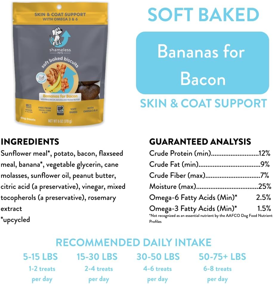 Shameless Pets Golosinas suaves para perros, plátanos para tocino, masticables naturales y saludables para el apoyo de la piel y el pelaje con Omega