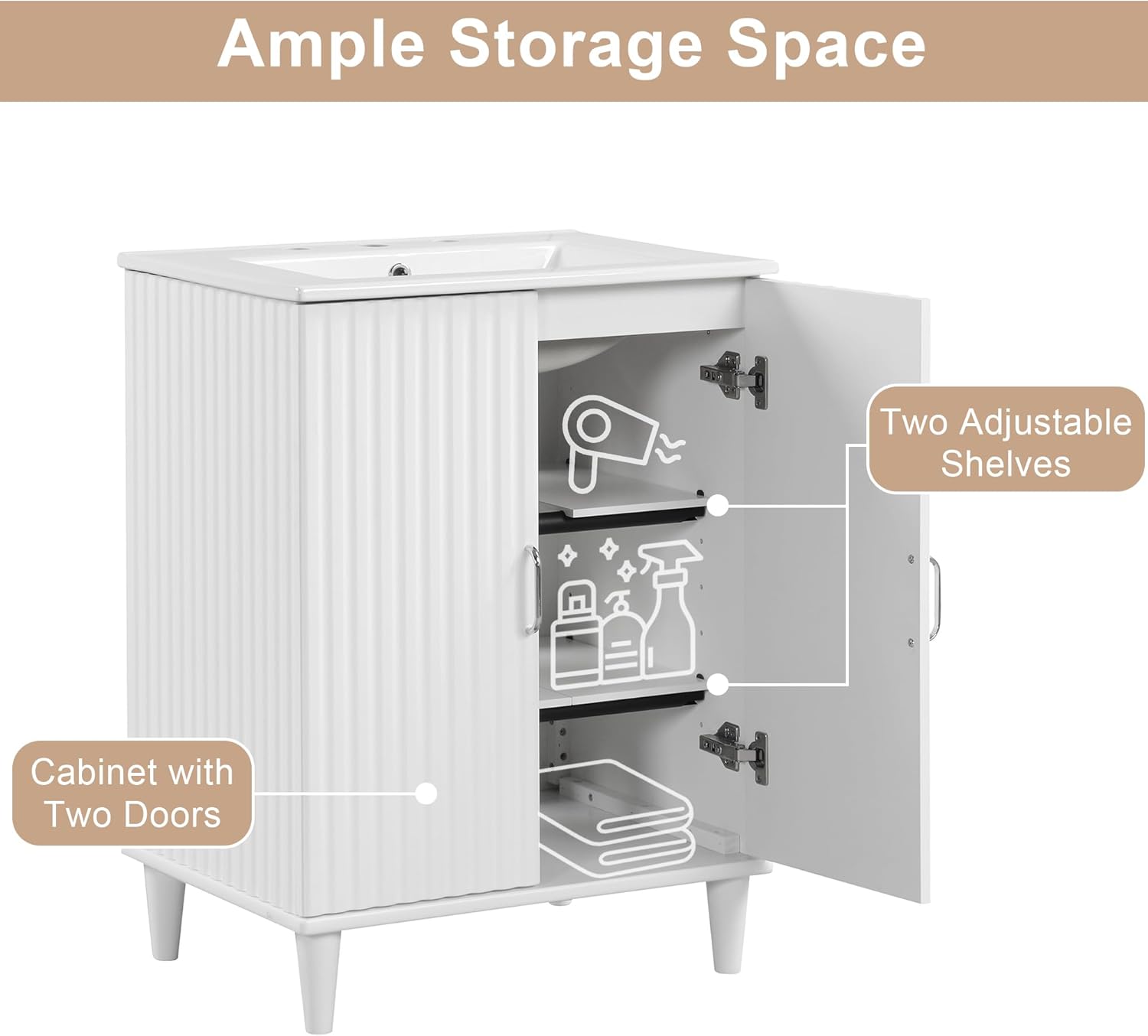 P PURLOVE Mueble de baño de 24 pulgadas con fregadero, armario de almacenamiento de baño con dos puertas y estantes ajustables, moderno juego de