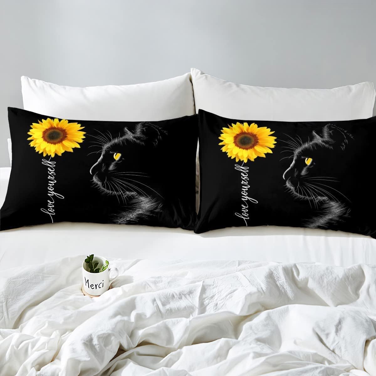 Manfei Juego de sábanas bajeras de tamaño individual con diseño de gatos y girasoles rústicos, diseño de plantas románticas y florales botánicas
