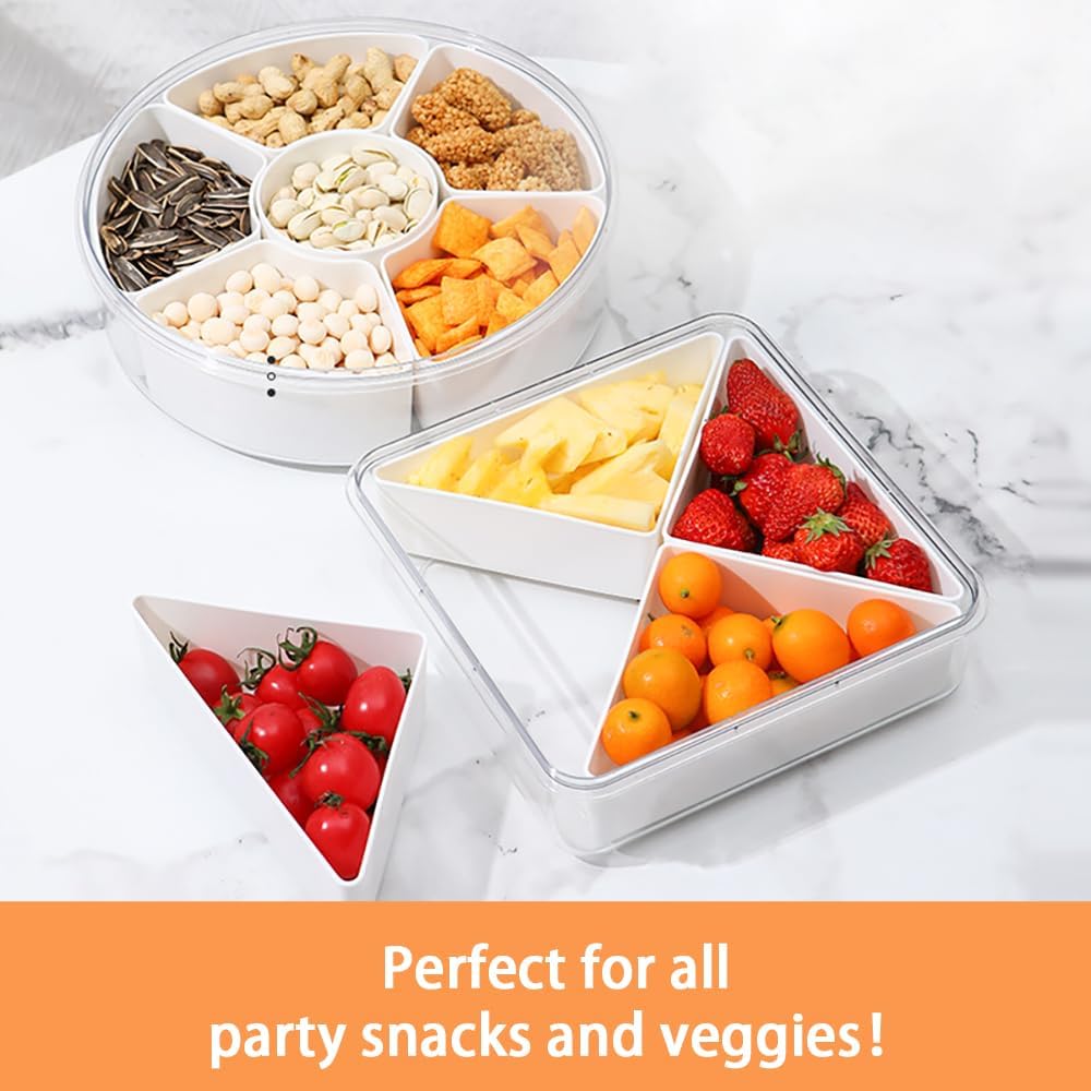 Paquete de 2 bandejas de verduras con tapa para organizador de refrigerador, contenedor dividido para aperitivos con 4 compartimentos para servir