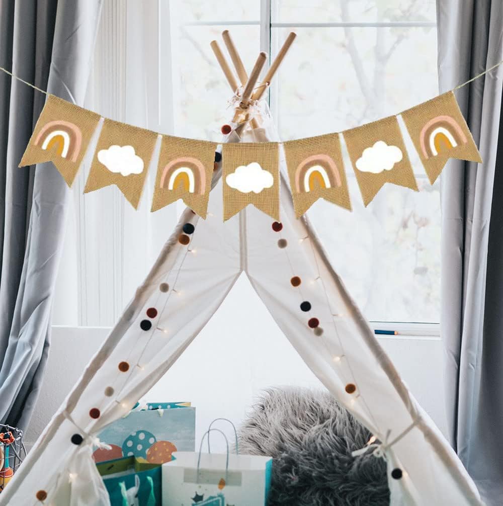 Cartel de arpillera Oh Baby Rainbow Banner ensamblado rústico bohemio para baby shower, guirnalda decorativa