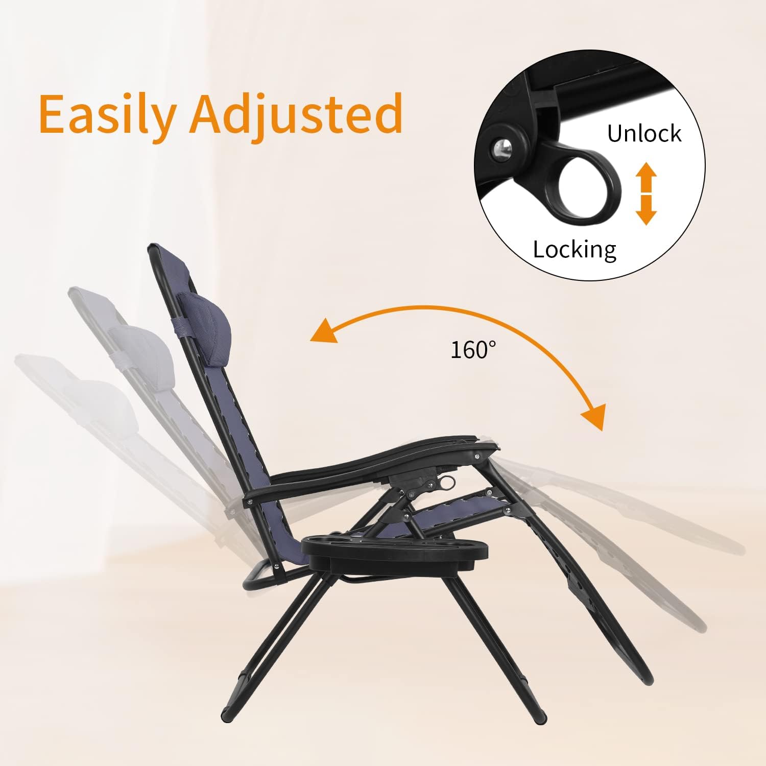 FDW – Silla de gravedad cero para patio, tumbona, 1 paquete de correas ajustables para alberca, con soporte para taza, Azul