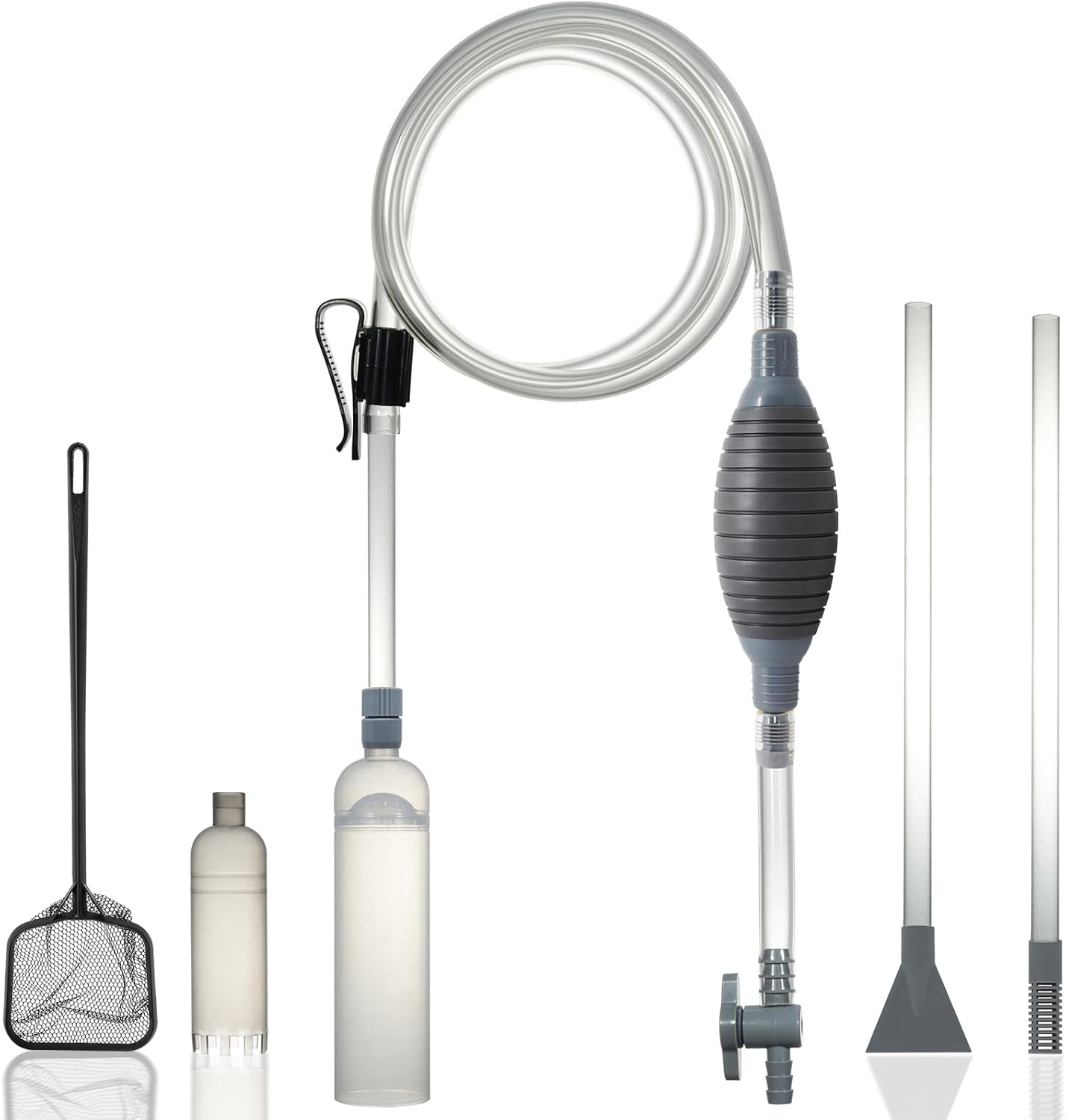 Kit de aspirador de sifón para acuario con tubos de vacío duales para varios tamaños de tanque y una red de pescado, aspiradora de grava de acuario