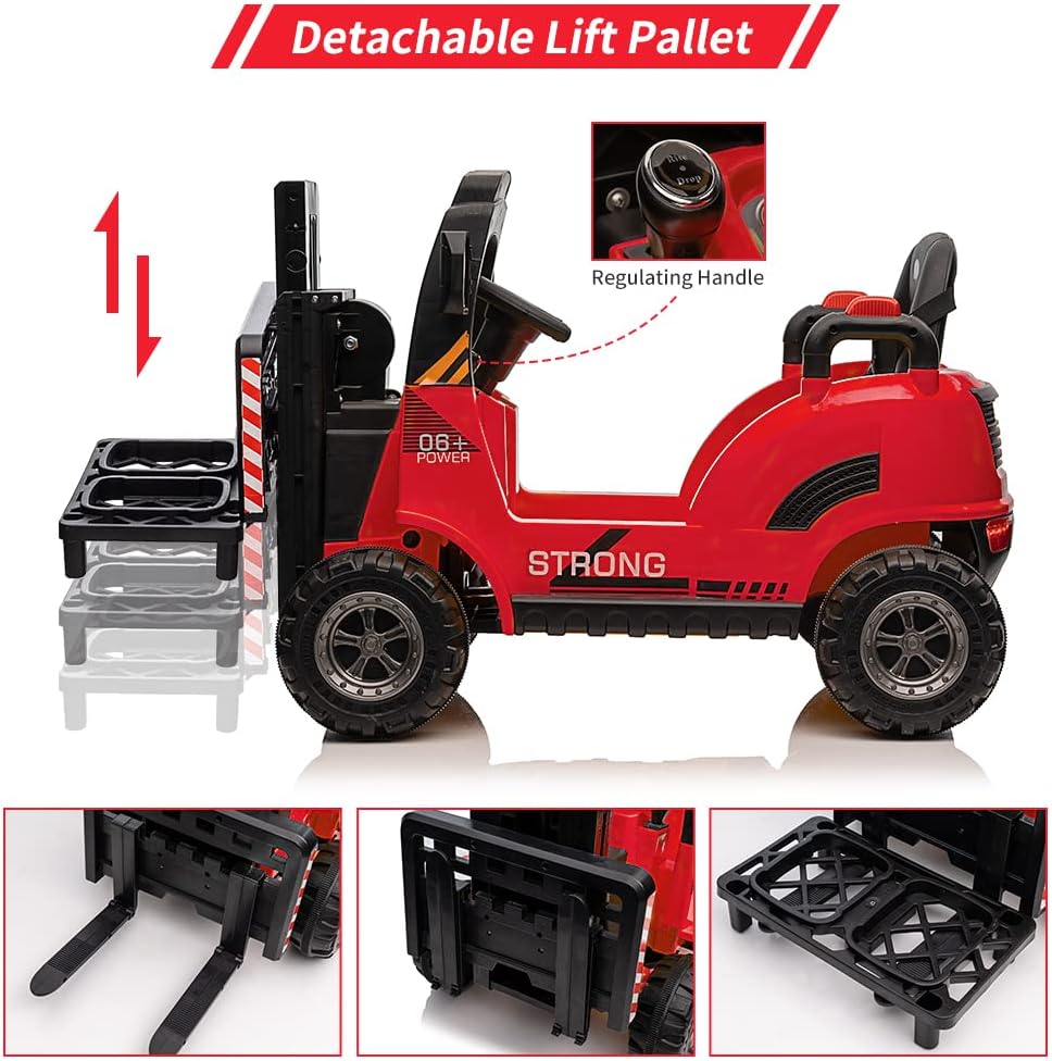 Carretilla elevadora de 12 V, coche eléctrico de construcción con control remoto, horquilla y palet elevable, 2 velocidades, música, USB, MP3 y