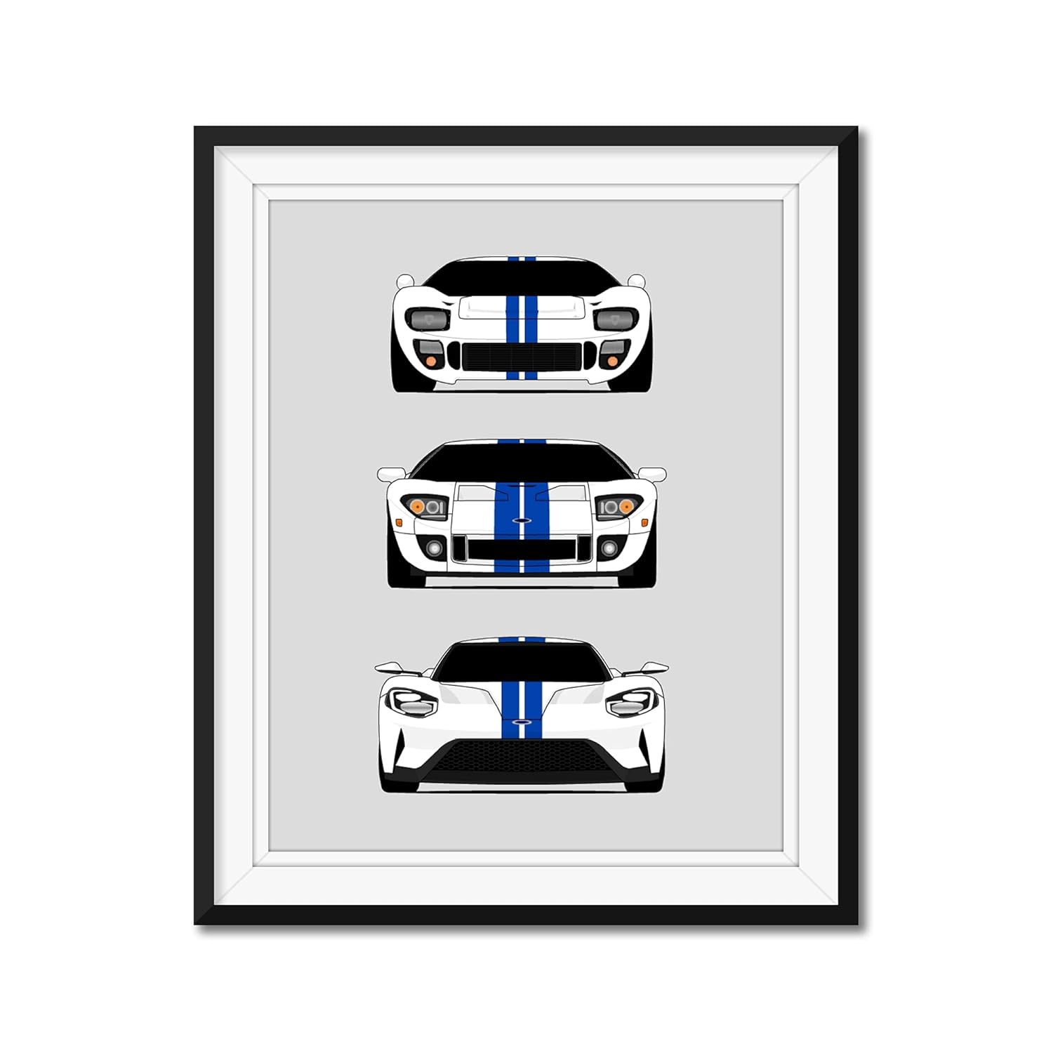 History of Ford GT Generation and Handmade Print of Ford GT40 – White Cars with Blue Stripes, 11×14″ Metallic Print (Unframed)-Gift Car Enthusiast