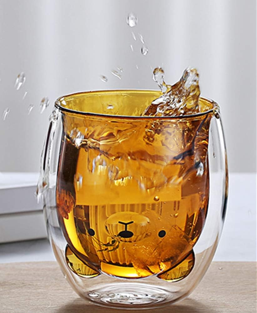 Ophelia Tazas de café creativas de cristalería de 10 onzas con cuchara, aislantes de doble pared en forma de oso, juego de tazas para bebidas frías