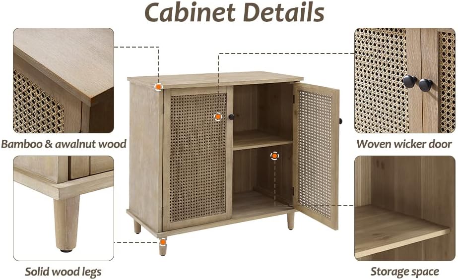 Zouron Armario moderno de ratán de 32 pulgadas, gabinete de almacenamiento de cocina con 2 puertas de mimbre, armario de buffet, baúl de