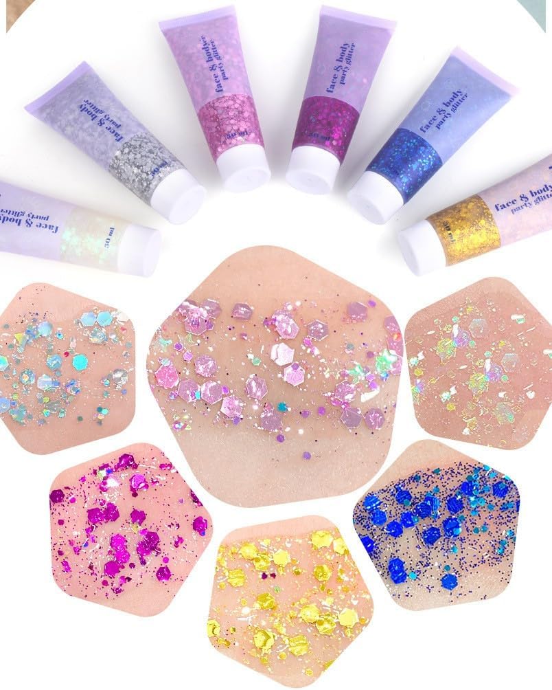 Brillantina facial de 3 colores, traje de neón brillante para cabello, cara y cuerpo con purpurina en gel resaltador (01-azul y 04-rosa y 06-blanco
