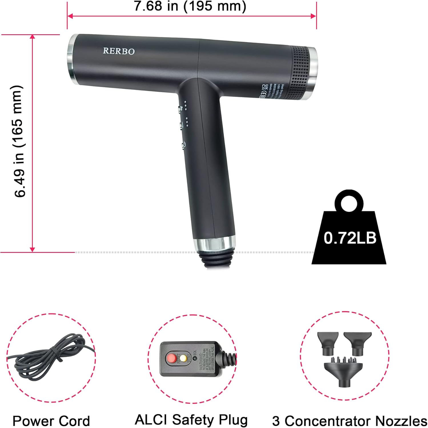 RERBO – Secador de pelo con difusor, secador iónico de 110,000 rpm, secador de pelo portátil profesional para el hogar, viajes y salón de belleza