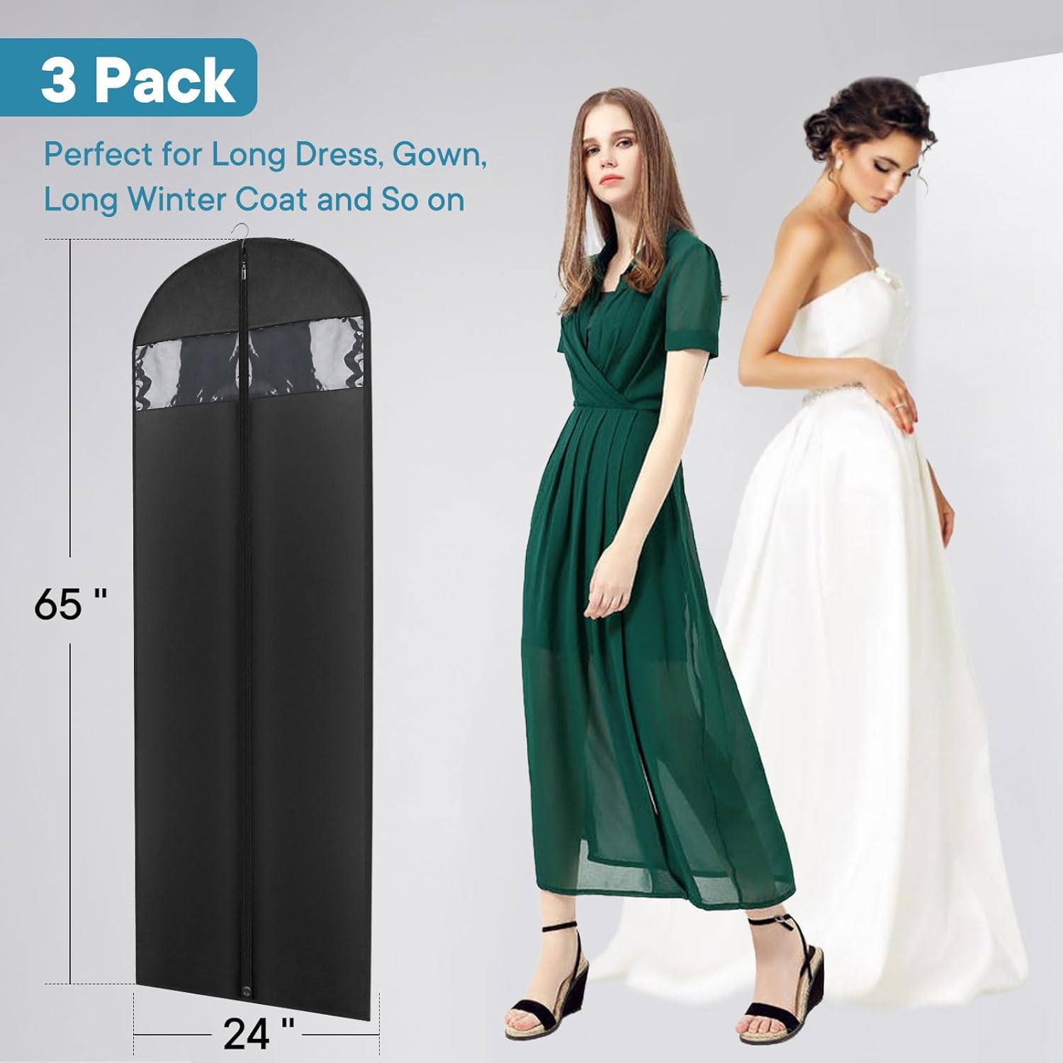 Moucas – Paquete de 3 bolsas de vestir de 65 pulgadas, bolsa de ropa negra para vestidos largos, fundas de vestir plegables para viajes y