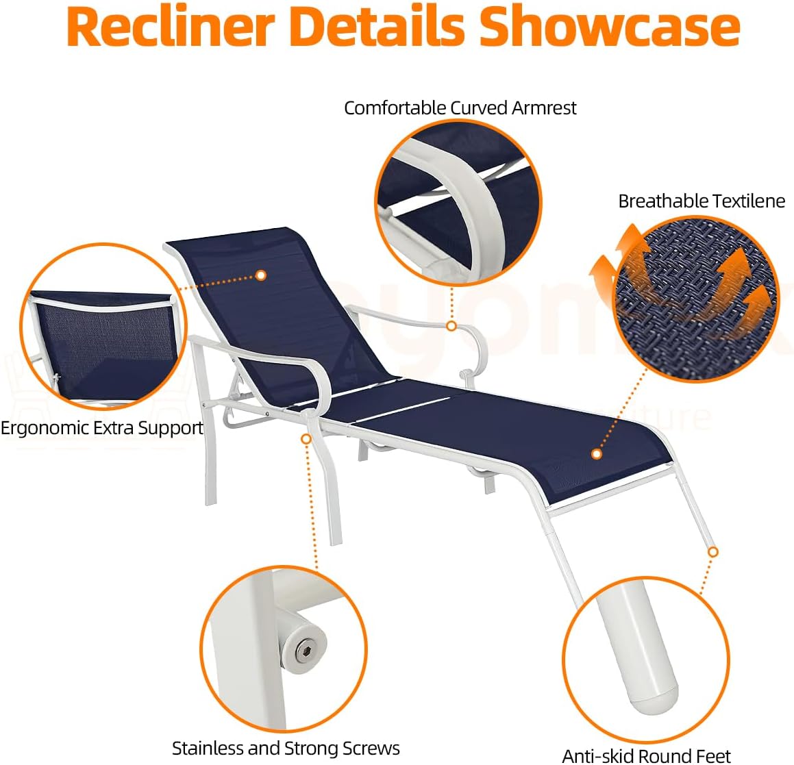Chaise Lounge para exteriores con respaldo ajustable en 5 niveles reclinables, marco de metal resistente, silla para tomar el sol para playa, patio,