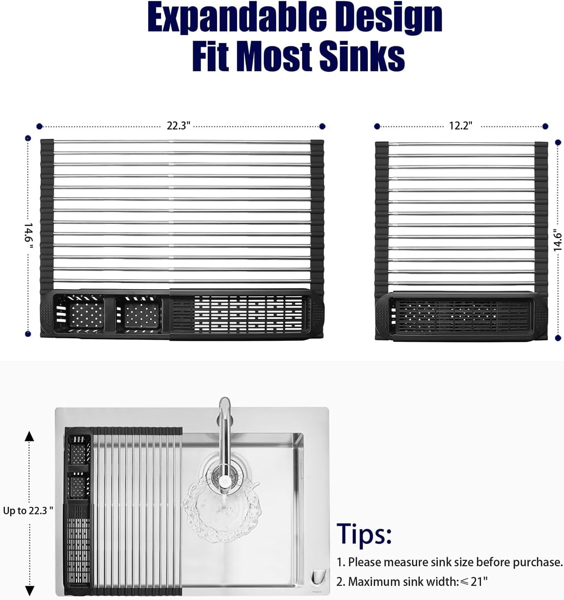 CLNGAI Escurridor de platos enrollable, escurridor de platos extensible sobre el fregadero, estante de cocina de acero inoxidable con soporte para