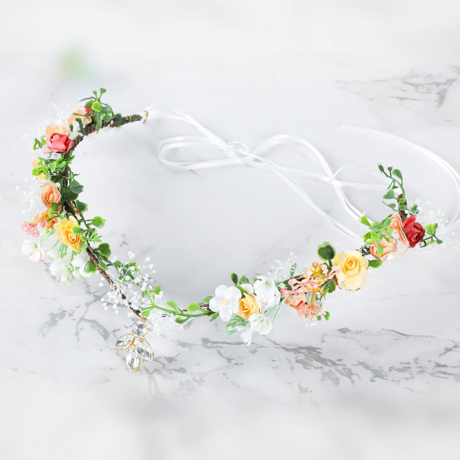 Goledwedy Corona de flor de hada, tocado de elfo para mujeres y reinas, accesorios de disfraz de hada, diadema de hada, diadema de novia con cristal