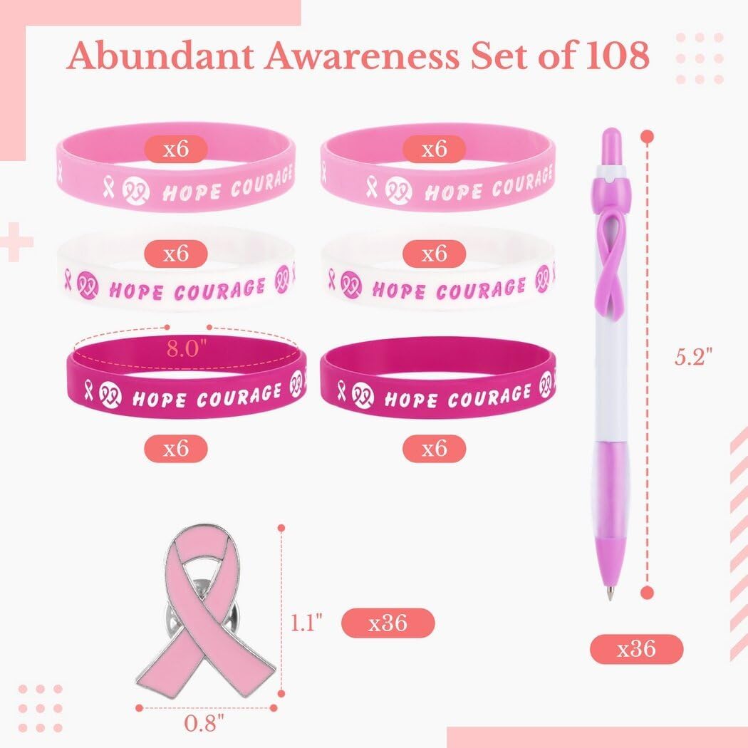 108 piezas de accesorios de concientización sobre el cáncer de mama, bolígrafos de bola con cinta rosa, pulseras de silicona, broches de aleación,