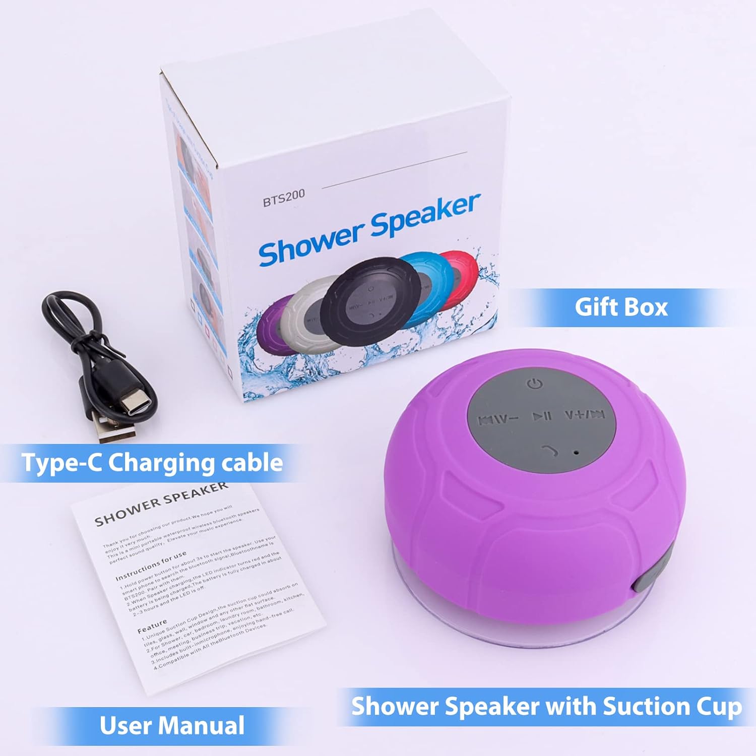 Altavoz de ducha Bluetooth, impermeable, portátil, inalámbrico, resistente al agua, ventosa, micrófono integrado para teléfono, tableta, baño,
