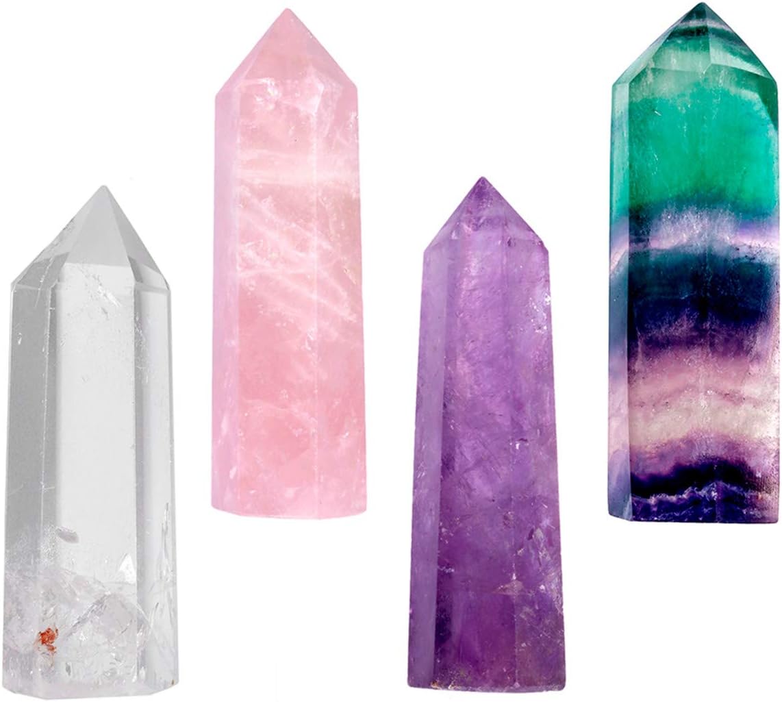 mookaitedecor 4 varitas de cristal curativo de un solo punto de 2 pulgadas, amatista, cuarzo roca, cuarzo rosa, fluorita arco iris, 6 piedras de