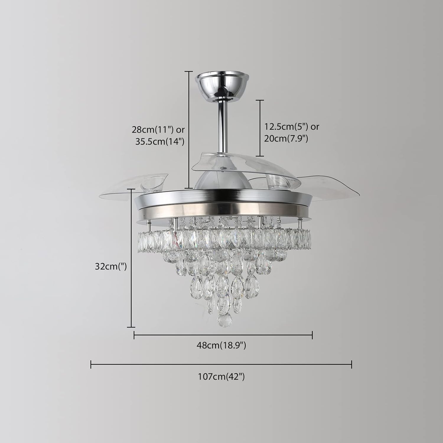 Finktonglan Ventilador de techo moderno de cristal de 42 pulgadas con luces con control remoto, ventilador de techo retráctil con luz LED empotrada,