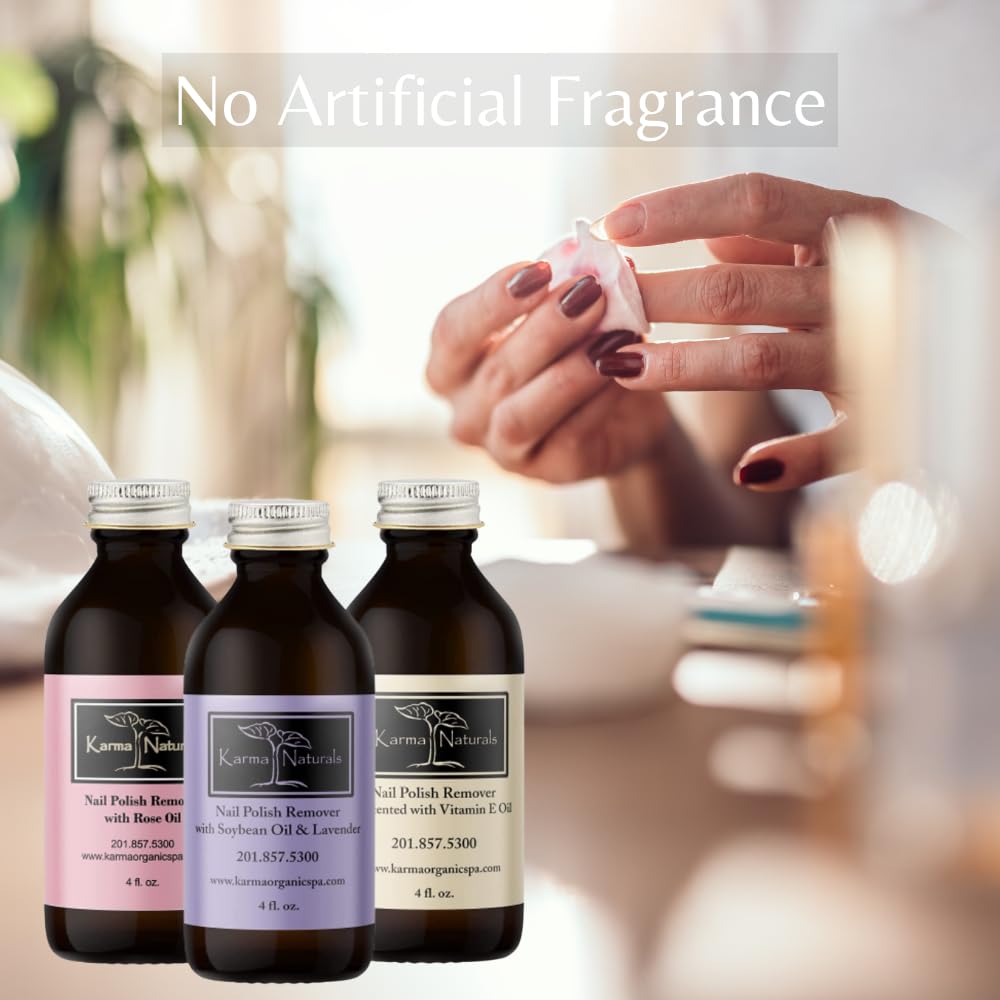 Karma Organic Paquete de removedor de esmalte de uñas, incluye lavanda natural, aceite de rosa y removedor de esmalte de uñas sin perfume (4 onzas