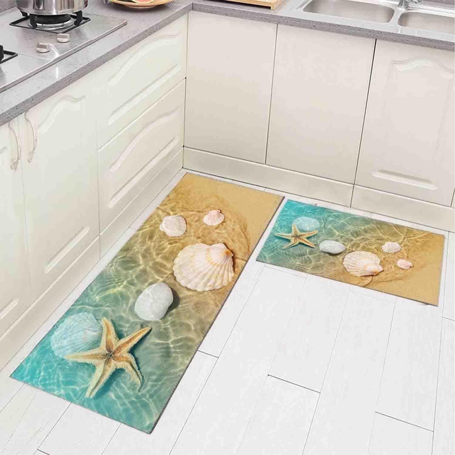 Juego de 2 alfombras y tapetes de cocina antideslizantes, lavables con estrellas de mar, playa de estrellas de mar, juego de 2 (52 x 17 pulgadas +