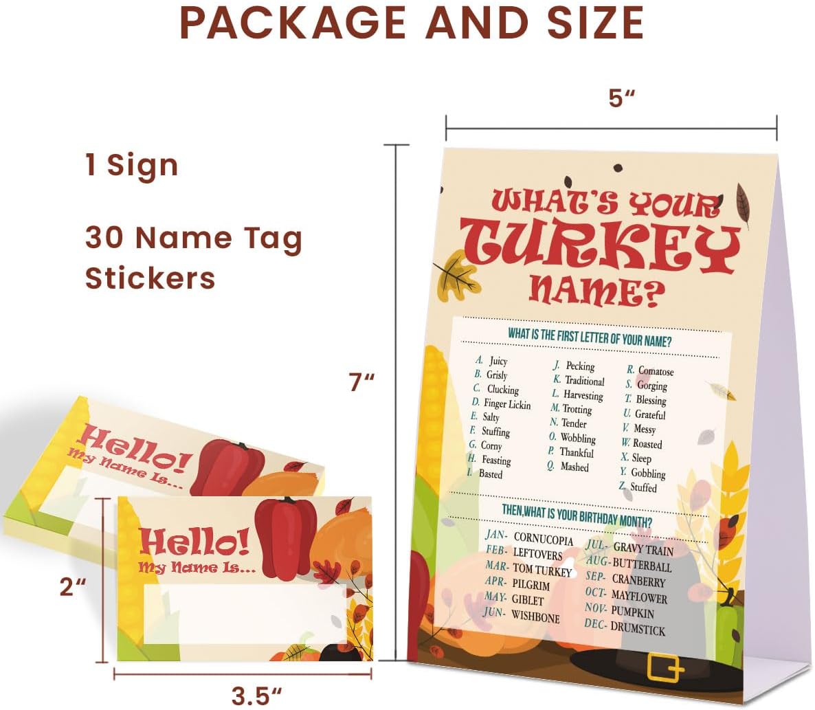 Juego de nombre de Acción de Gracias, con texto en inglés “What’s Your Turkey”, paquete de 1 letrero y 30 etiquetas de nombre, juegos de fiesta de