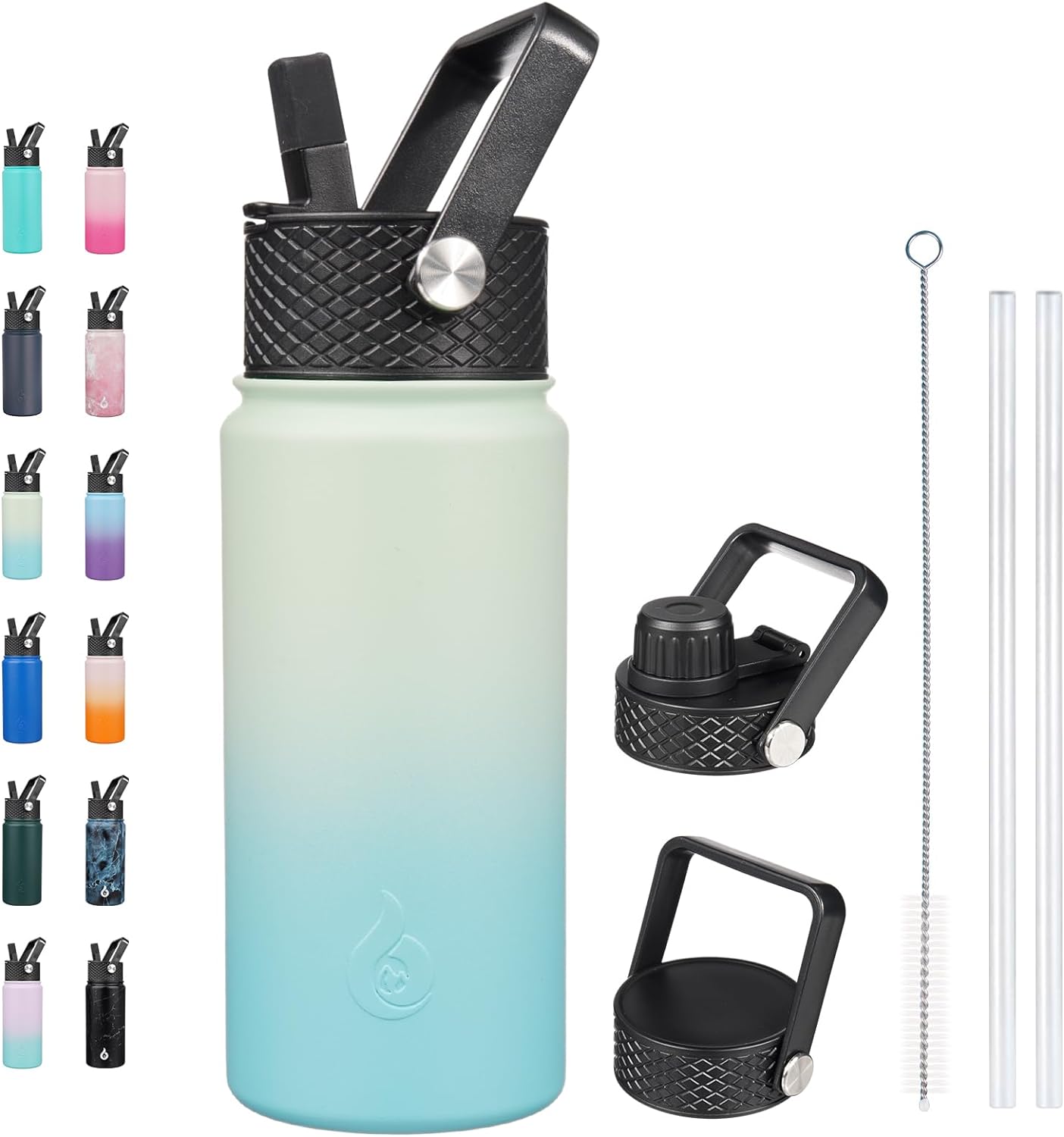 BJPKPK Botellas de agua con aislamiento y tapa con popote de 18 fl oz, de acero inoxidable, para agua fría o caliente, con 3 tapas, sin fugas ni