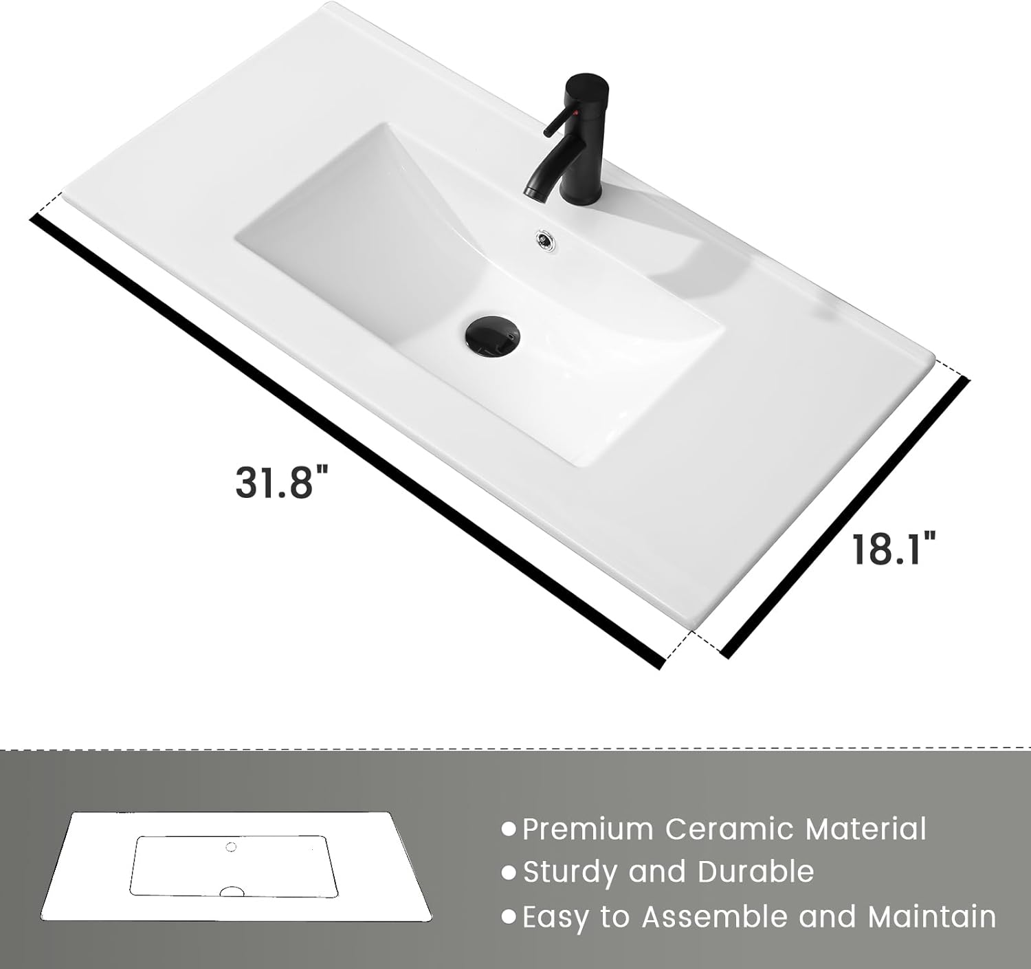 Armario de tocador de baño de 30 pulgadas con lavabo, fregadero de cerámica empotrado, grifo negro mate, espejo de alta definición