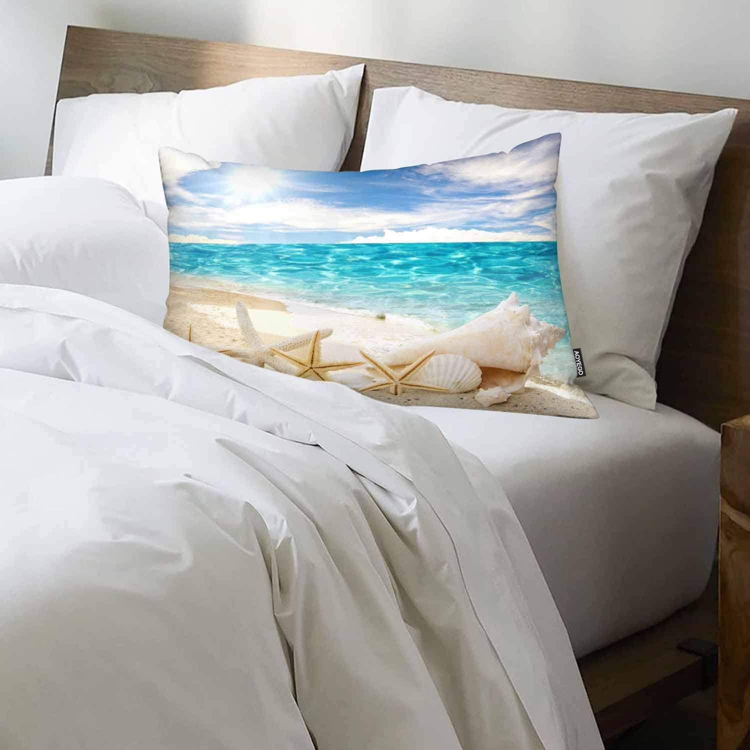 AOYEGO Funda de almohada con diseño de estrella de mar y estrella de mar, color azul tropical, vacaciones, playa, cielo soleado, decoración del