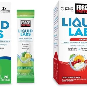 Paquete de electrolitos en polvo de FORCE FACTOR Liquid Labs, paquetes de hidratación para hacer agua con electrolitos con 5 vitaminas, minerales y Paquete de electrolitos en polvo de FORCE FACTOR Liquid Labs, paquetes de hidratación para hacer agua con electrolitos con 5 vitaminas, minerales y