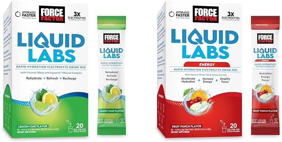 Paquete de electrolitos en polvo de FORCE FACTOR Liquid Labs, paquetes de hidratación para hacer agua con electrolitos con 5 vitaminas, minerales y