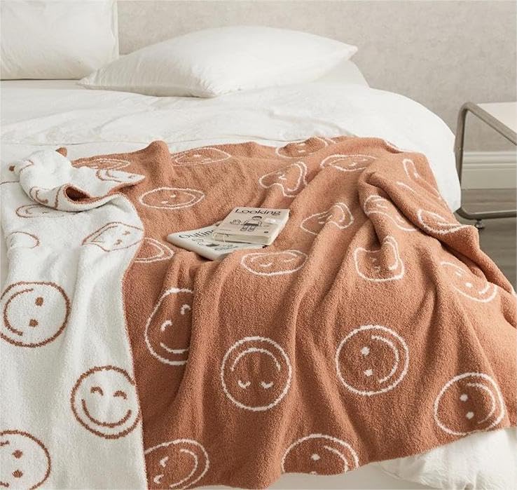 Manta de punto de microfibra esponjosa súper suave y bonita con cara sonriente, afelpada, ligera, ligera, para sofá y cama, 69 x 40 pulgadas (color