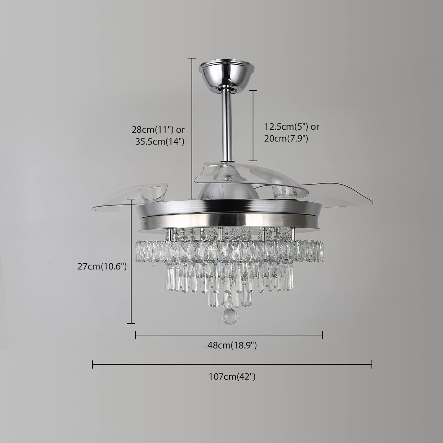 Ventilador de araña regulable de 42 pulgadas, ventilador de techo de cristal con luz y candelabro remoto, sin aspas, moderno ventilador de techo