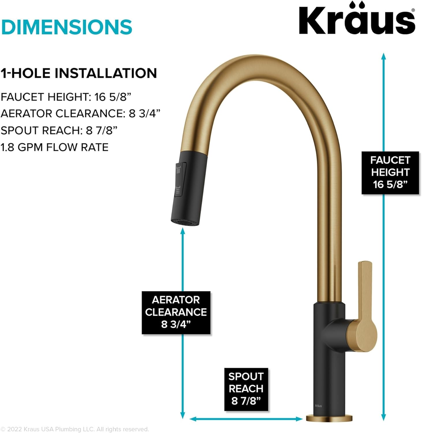 KRAUS Oletto KPF-2820BBMB – Grifo de cocina desplegable de un solo mango en latón cepillado  negro mate, KPF-2820BBMB