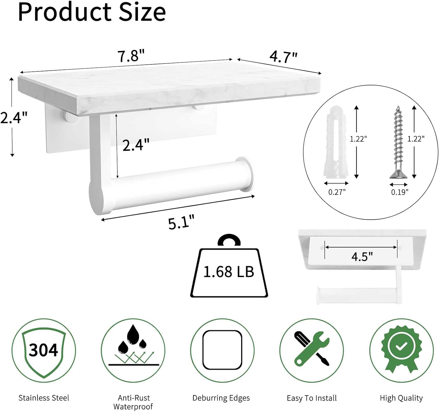 Soporte de papel higiénico de mármol con estante, soporte de papel higiénico de acero inoxidable con tornillo de acero inoxidable montado en la