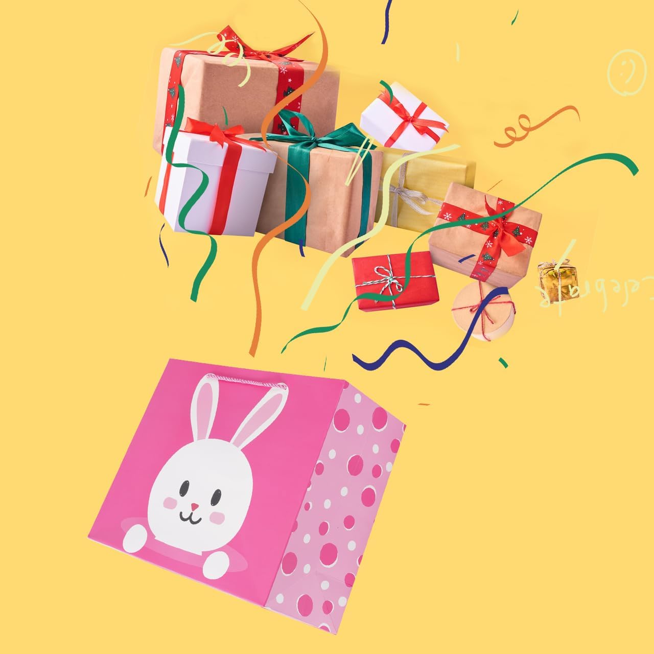 ysmile Bolsa de regalo con papel de envoltura para parrillas, fiesta de cumpleaños infantil, bolsa de papel rosa con asas para baby shower, conejo