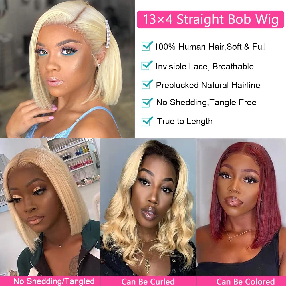 Lzlefho Pelucas cortas estilo Bob con encaje frontal de 13 x 4, cabello humano virgen brasileño sin pegamento, cabello humano virgen brasileño 613,