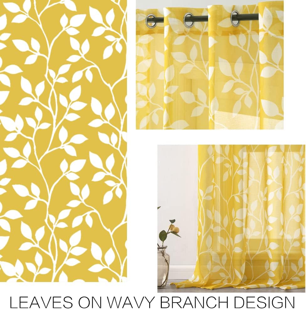 XTMYI Cortinas amarillas de 108 pulgadas de largo para sala de estar, juego de 2 paneles de hojas transparentes con estampado floral, cortinas