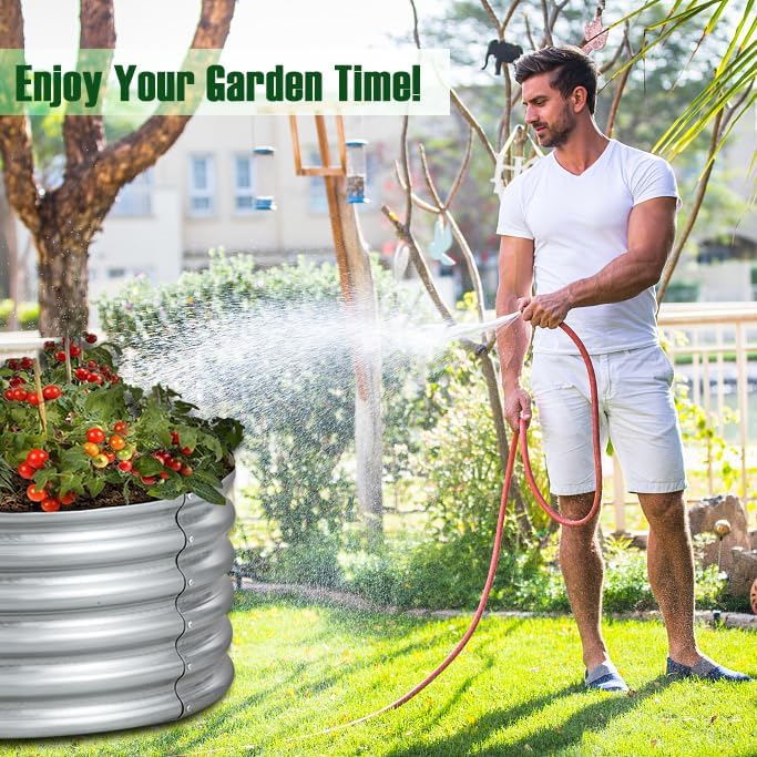 SUFUS Kit de cama de jardín redonda de acero galvanizado elevado, macetas de metal de 4 pies, cajas de jardín para exteriores con bordes de